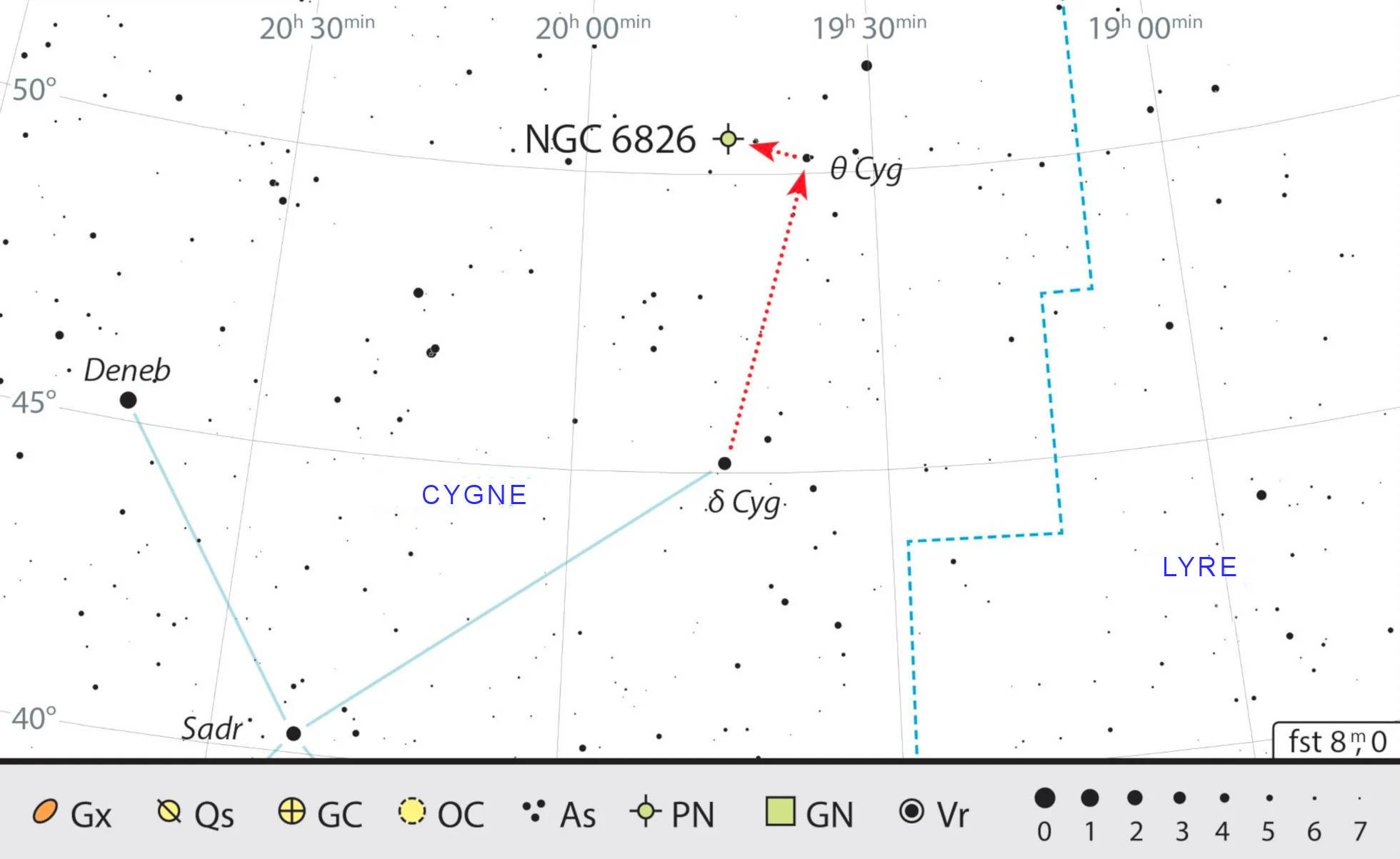 NGC 6826 peut être trouvée via les étoiles δ Cygni et θ Cygni. J. Scholten